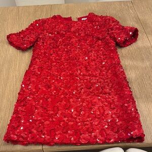 Zara Red Sequin Sheath Dress with Puff Sleeves